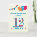 Carte de ballons à bascule Great Grandson 12e anni<br><div class="desc">Carte d'anniversaire colorée pour un arrière-petit-fils de 12 ans, Le grand numéro 12 est rempli d'un motif orange, rouge et bleu, surligné de bleu vif. Il y a des ballons et du bunting en haut, dans des couleurs assorties et l'accueil à la couverture est : "Grand petit-fils, tu as 12...</div>