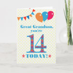 Carte de ballons à bascule Great Grandson 14th Bir<br><div class="desc">Carte d'anniversaire colorée pour un arrière-petit-fils de 14 ans, Le grand numéro 14 est rempli d'un motif orange, rouge et bleu, surligné de bleu vif. Il y a des ballons et du bunting en haut, dans des couleurs assorties et l'accueil à la couverture est : "Grand petit-fils, tu as 14...</div>