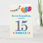 Carte de ballons à bascule Great Grandson 15e anni<br><div class="desc">Carte d'anniversaire colorée pour un arrière-petit-fils de 15 ans, Le grand numéro 15 est rempli d'un motif orange, rouge et bleu, surligné de bleu vif. Il y a des ballons et du bunting en haut, dans des couleurs assorties et l'accueil à la couverture est : "Grand petit-fils, tu as 15...</div>