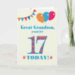 Carte de ballons à bascule Great Grandson 17th Bir<br><div class="desc">Carte d'anniversaire colorée pour un arrière-petit-fils de 17 ans, Le grand numéro 17 est rempli d'un motif orange, rouge et bleu, surligné de bleu vif. Il y a des ballons et du bunting en haut, dans des couleurs assorties et l'accueil à la couverture est : "Grand petit-fils, tu as 17...</div>