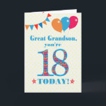 Carte de ballons à bascule Great Grandson 18e anni<br><div class="desc">Carte d'anniversaire colorée pour un arrière-petit-fils de 18 ans, Le grand numéro 18 est rempli d'un motif orange, rouge et bleu, surligné de bleu vif. Il y a des ballons et du bunting en haut, dans des couleurs assorties et l'accueil à la couverture est : "Grand petit-fils, tu as 18...</div>