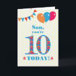 Carte de ballons à bascule Son 10e anniversaire<br><div class="desc">Une carte d'anniversaire colorée pour un fils de 10 ans, Le grand nombre 10 rempli d'un motif orange, rouge et bleu, surligné de bleu vif. Il y a des ballons et du bunting en haut, dans des couleurs assorties et l'accueil à la couverture est : "Mon fils, tu as 10...</div>