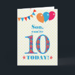 Carte de ballons à bascule Son 10e anniversaire<br><div class="desc">Une carte d'anniversaire colorée pour un fils de 10 ans, Le grand nombre 10 rempli d'un motif orange, rouge et bleu, surligné de bleu vif. Il y a des ballons et du bunting en haut, dans des couleurs assorties et l'accueil à la couverture est : "Mon fils, tu as 10...</div>
