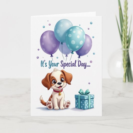 Carte de Ballons d'Anniversaire de Chiots (Devant)