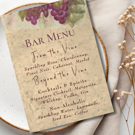 Carte de Bar de Vignoble Élégant Rustique | Pays d