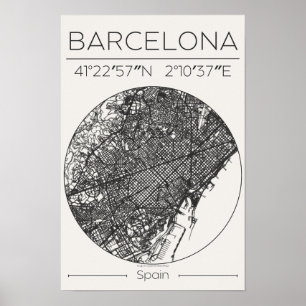 Carte de Barcelone Poster Minimaliste au Fusain Eu