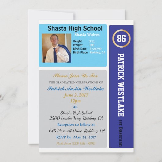 Carte de base-ball W/ Statistiques Invitations Gra (Dos)