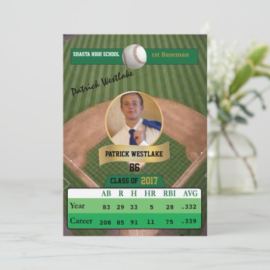 Carte de baseball W/Stats Grad Invitations - vert (Debout devant)