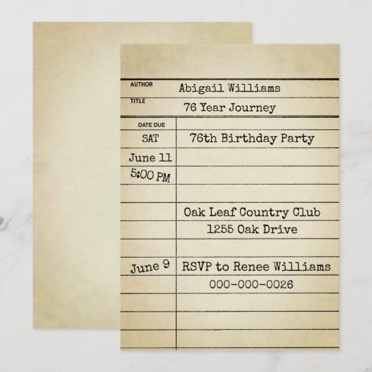 Carte de bibliothèque ancienne pour fête d'anniver (Devant / Derrière)
