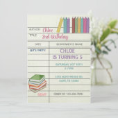 Carte de bibliothèque, livres invitation d'anniver (Debout devant)