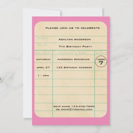 Carte de bibliothèque rose Anniversaire (Devant)