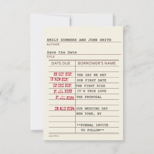 Carte de bibliothèque vintage Save the Date (Devant)