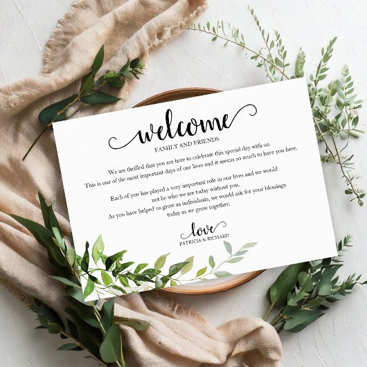 Carte de bienvenue de mariage avec eucalyptus verd