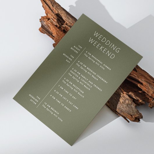 Carte de bienvenue de mariage vert olive foncé. Ca