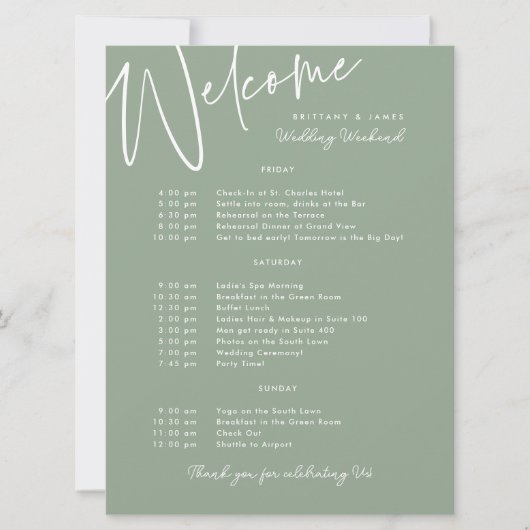 Carte de bienvenue verte mariage Week-end (Devant)