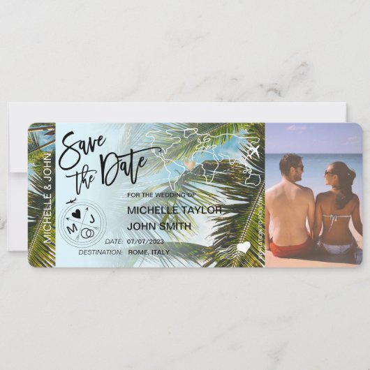 Carte de Billet d'Avion Palm Save the Date avec Ph (Devant)