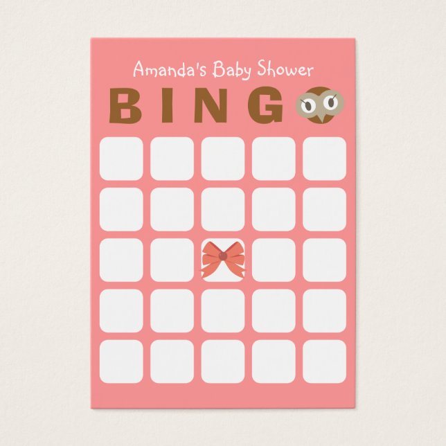 Carte de bingo 5x5 Baby shower pour fille de hibou (Devant)