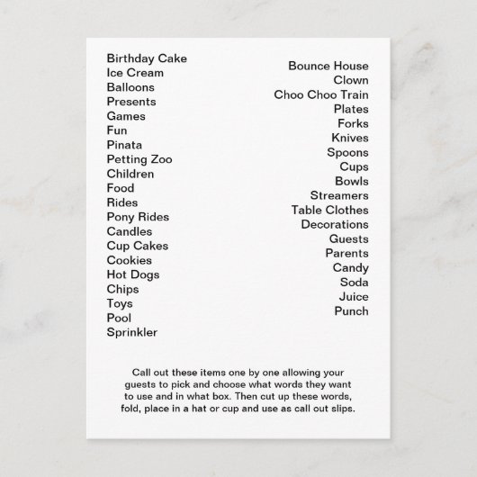 Carte de Bingo Anniversaire Fête Appel Out Mots (Devant)