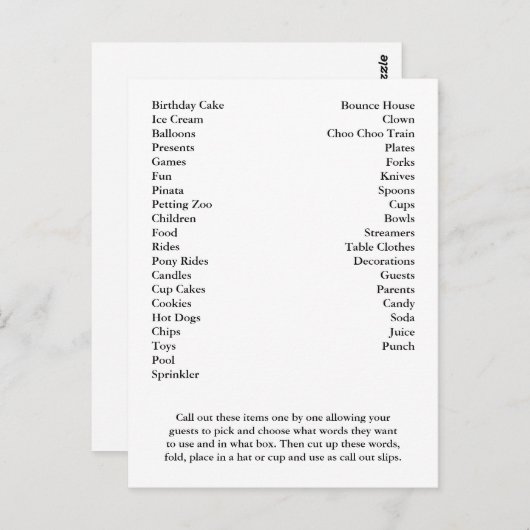 Carte de Bingo Anniversaire Fête Appel Out Mots (Devant / Derrière)