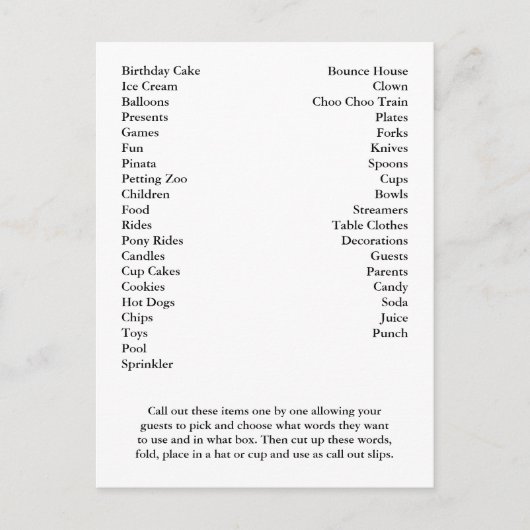 Carte de Bingo Anniversaire Fête Appel Out Mots (Devant)