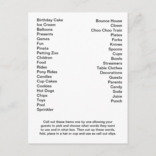 Carte de Bingo Anniversaire Fête Appel Out Mots (Devant)