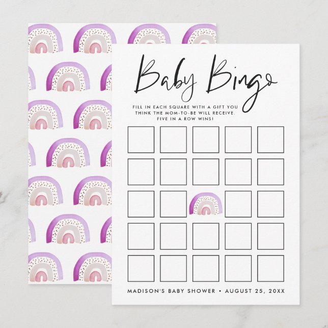 Carte de bingo Baby shower à eau violet arc-en-cie (Devant / Derrière)