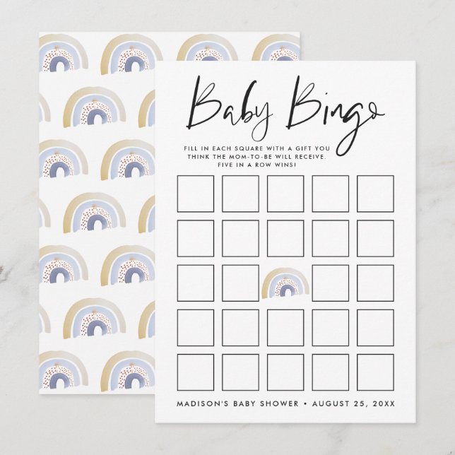 Carte de bingo Baby shower arc-en-ciel bleu aquare (Devant / Derrière)