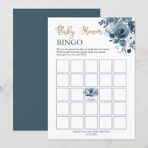 Carte de bingo Baby shower Floral Blue Gold