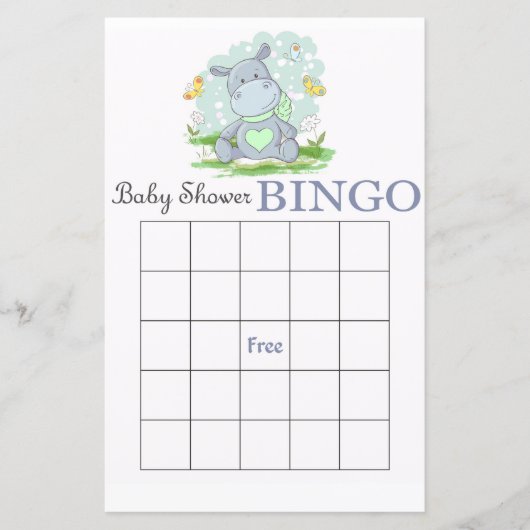 Carte de bingo baby shower hippo bleu (Devant)