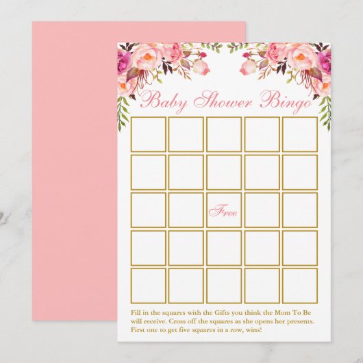 Carte de bingo Baby shower or rose Floral (Devant / Derrière)