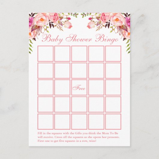 Carte de bingo Baby shower rose Aquarelle (Devant)