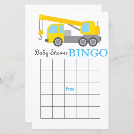 Carte de bingo de baby shower de grue de construct (Devant / Derrière)