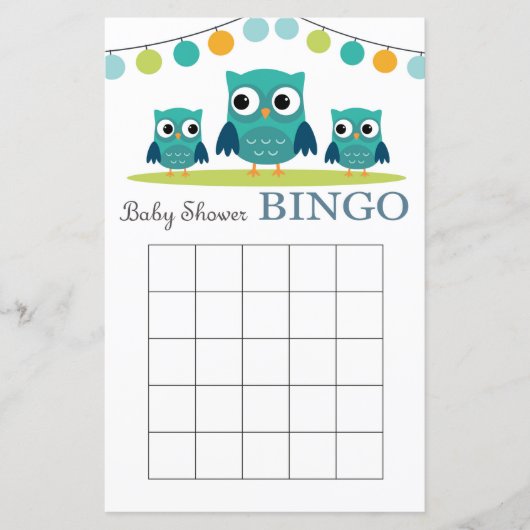 Carte de bingo de baby shower de hibou, bingo de b (Devant)