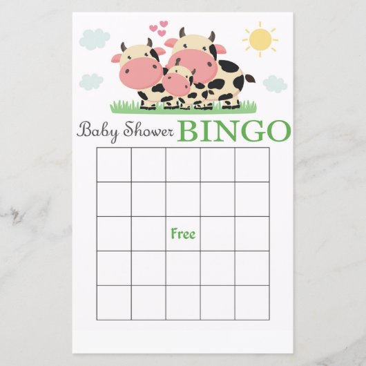 Carte de bingo de baby shower de vache (Devant)