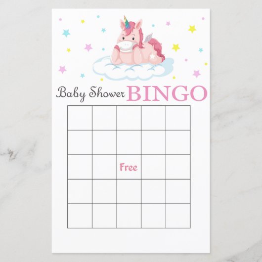 Carte de bingo de baby shower Unicorn mignonne (Devant)