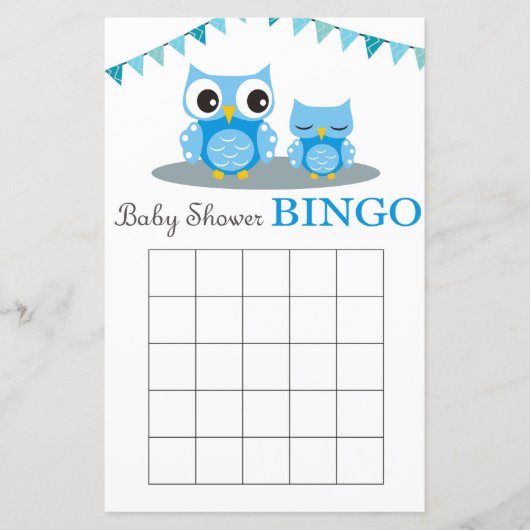 Carte de bingo du baby shower de la Chouette bleue (Devant)