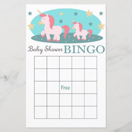 Carte de bingo du baby shower Unicorne (Devant)