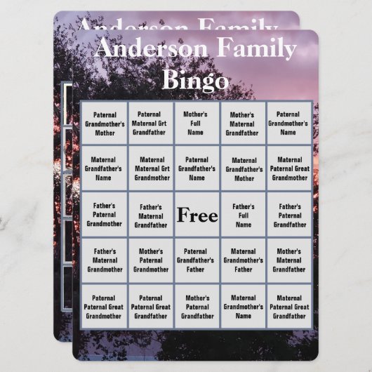 Carte De Bingo Familiale Avec Pink Purple Sunset P (Devant / Derrière)