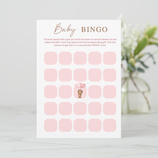 Carte de BINGO Fête bébé ours rose et ballons (Debout devant)