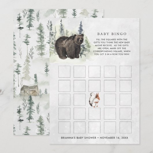 Carte de bingo pour Baby Shower | Forêt Rustique (Devant / Derrière)