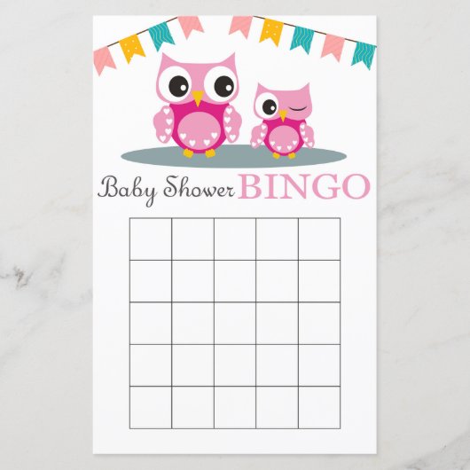 Carte de bingo pour baby shower Hibou rose (Devant)
