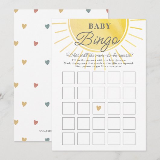 Carte de bingo pour bébé Baby shower de soleil aqu (Devant / Derrière)