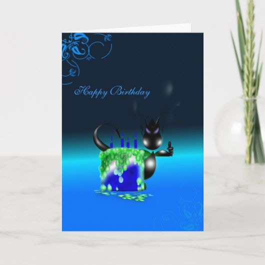 Carte de bleu de gâteau d'anniversaire de dragon (Devant)