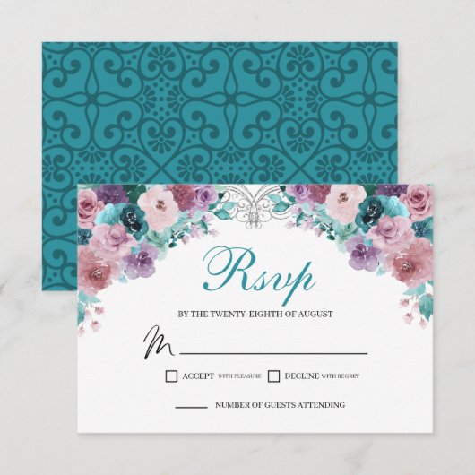 Carte de boîtier RSVP Floral turquoise & Mauve (Devant / Derrière)