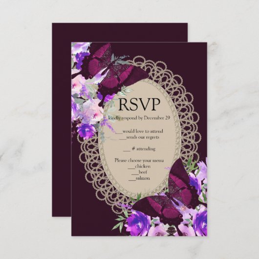 Carte de boîtier RSVP Glamour en dentelle violette (Devant / Derrière)