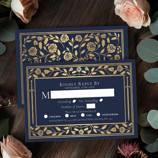 Carte de boîtier RSVP pour mariage avec épée médié