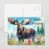 Carte de bonne anniversaire Élan et Fleurs sauvage (Devant / Derrière)