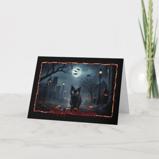 Carte de Bonne Halloween avec un petit chaton noir (Devant)