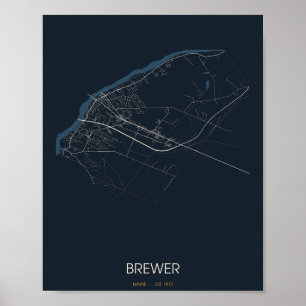 Carte de Brewer Maine Poster (Nuit) – Établi en 18