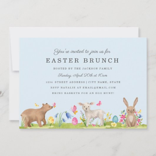 Carte de brunch de Pâques œuf bleu d'animal doux (Devant)